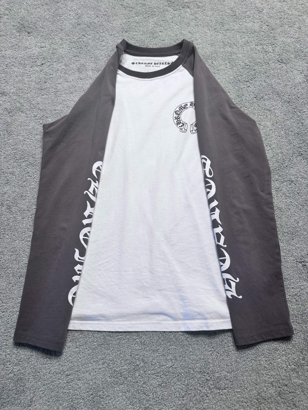 Chrome Hearts White & Charcoal Raglan Long Sleeve Tee with Script Sleeves